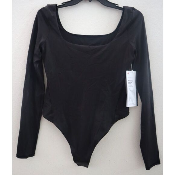 Lululemon Women's Sz M Black Wundermost Nulu Square Neck L/S Bodysuit *Shine - Picture 1 of 10